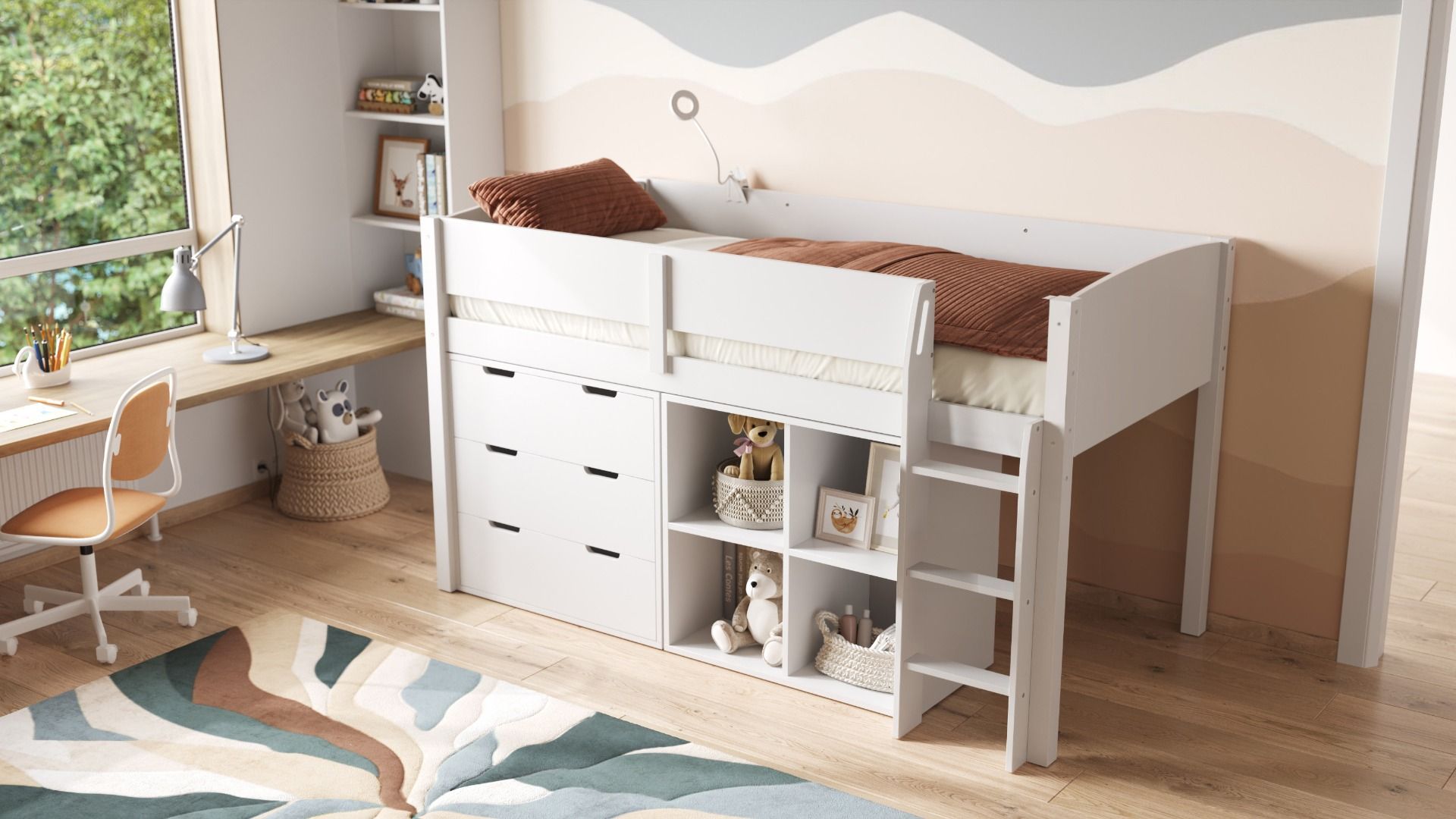 Loop Wooden Midsleeper White Cabin Bed Full Set