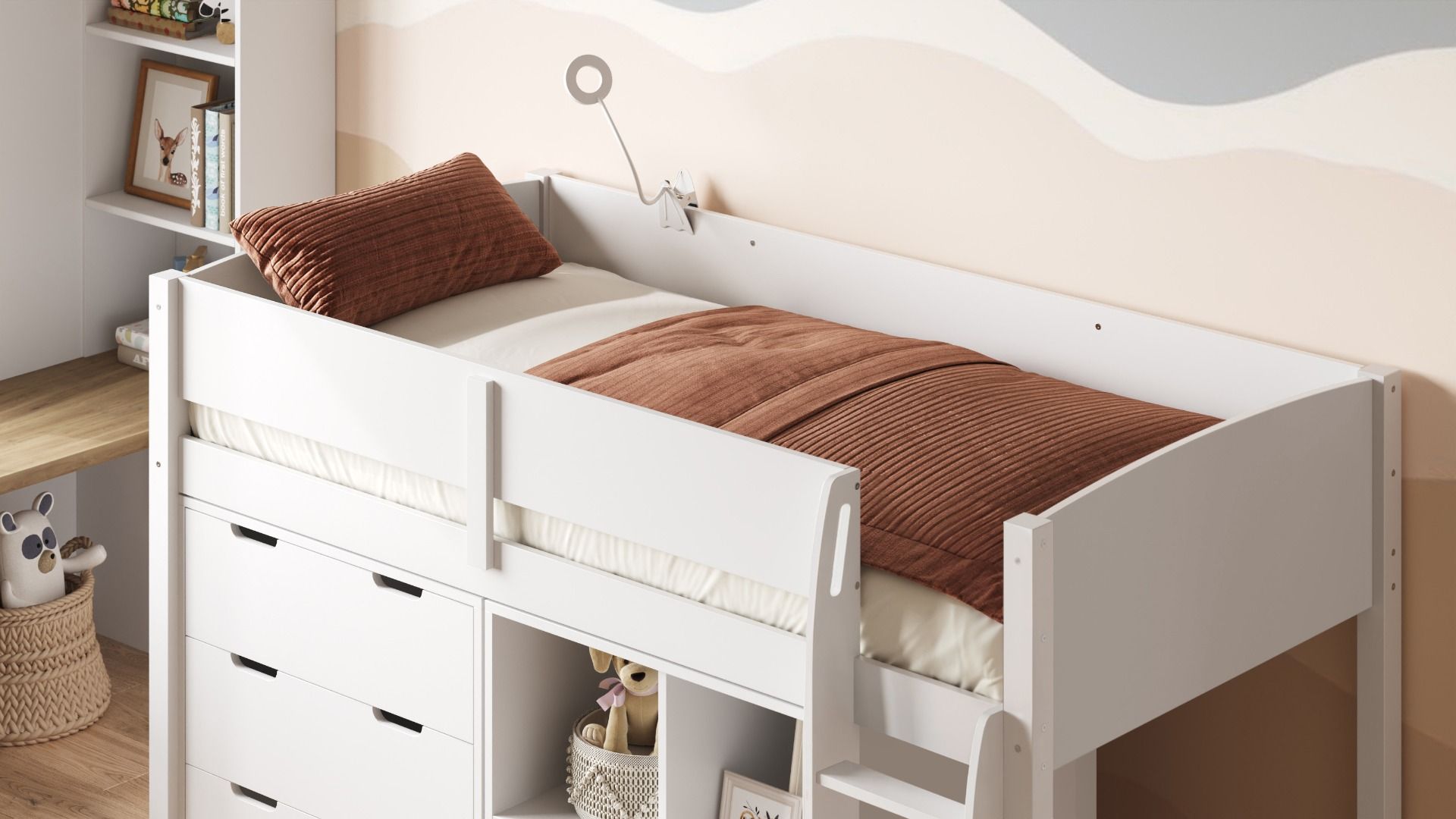 Loop Wooden Midsleeper White Cabin Bed Full Set