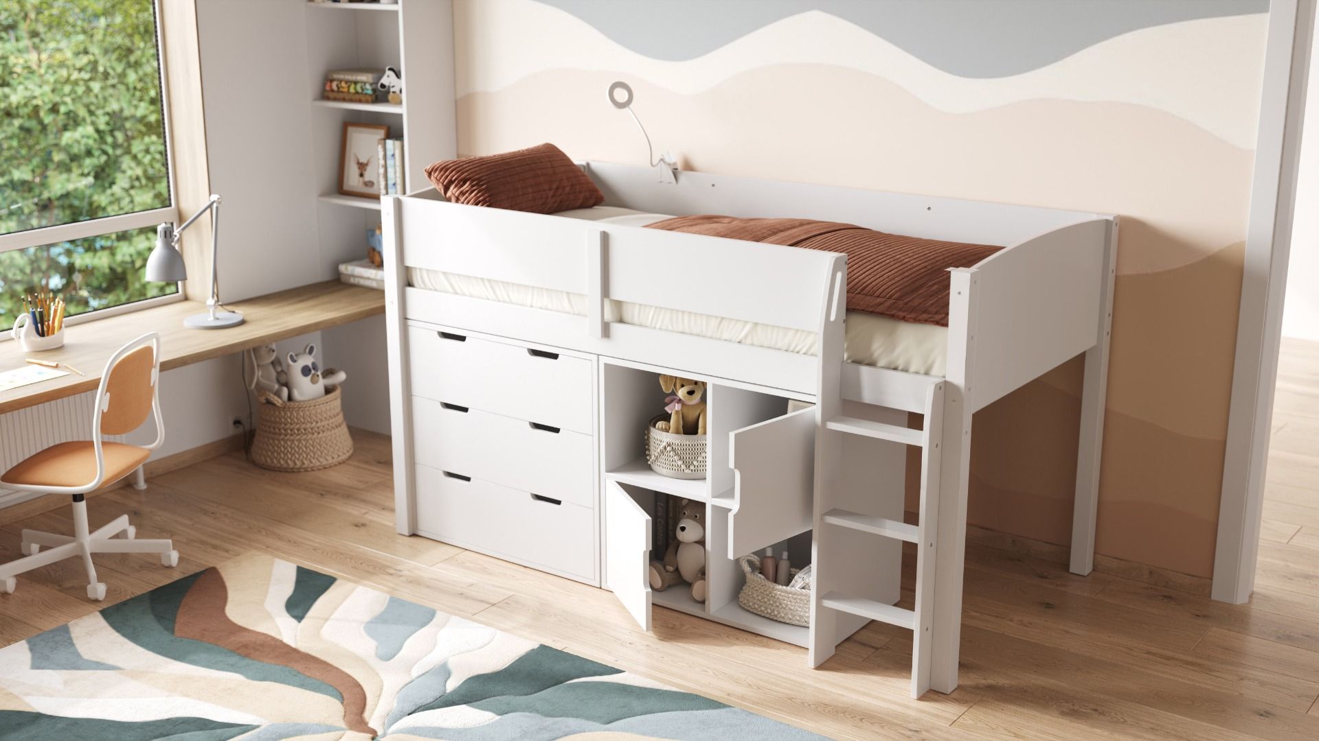 Loop Wooden Midsleeper White Cabin Bed Storage Set with Doors