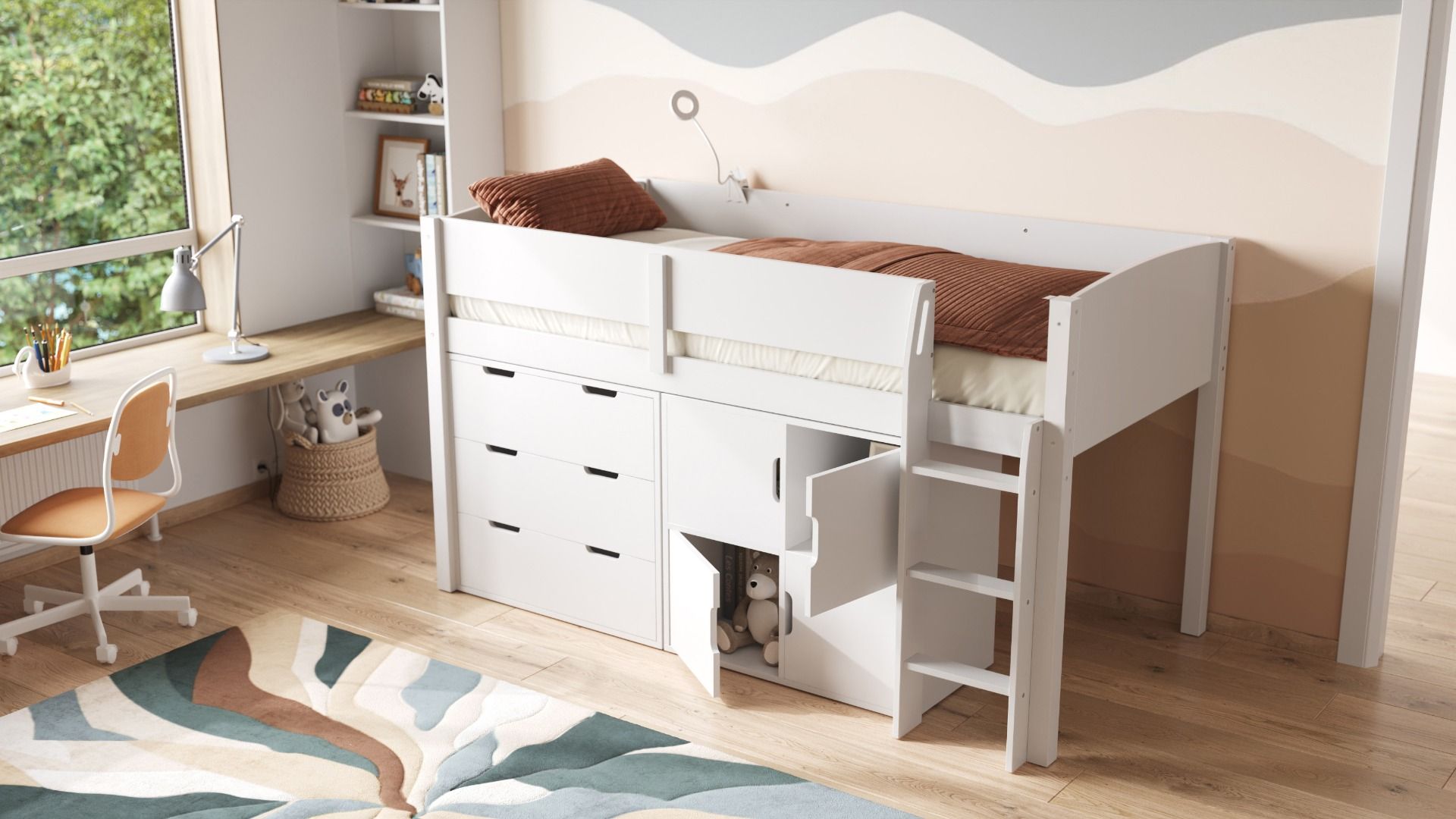 Loop Wooden Midsleeper White Cabin Bed Storage Set with Doors