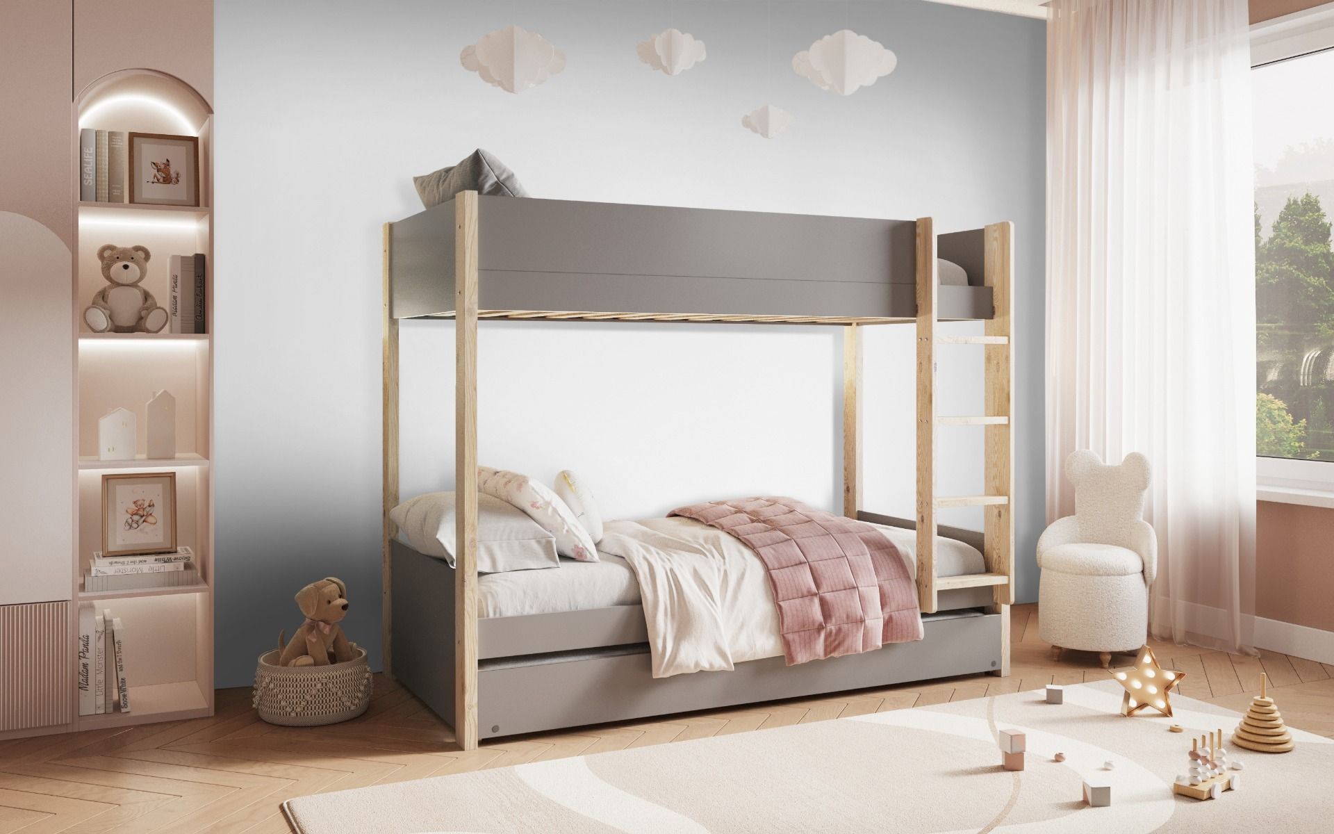 Noomi Tipo Grey Bunk Bed with Trundle