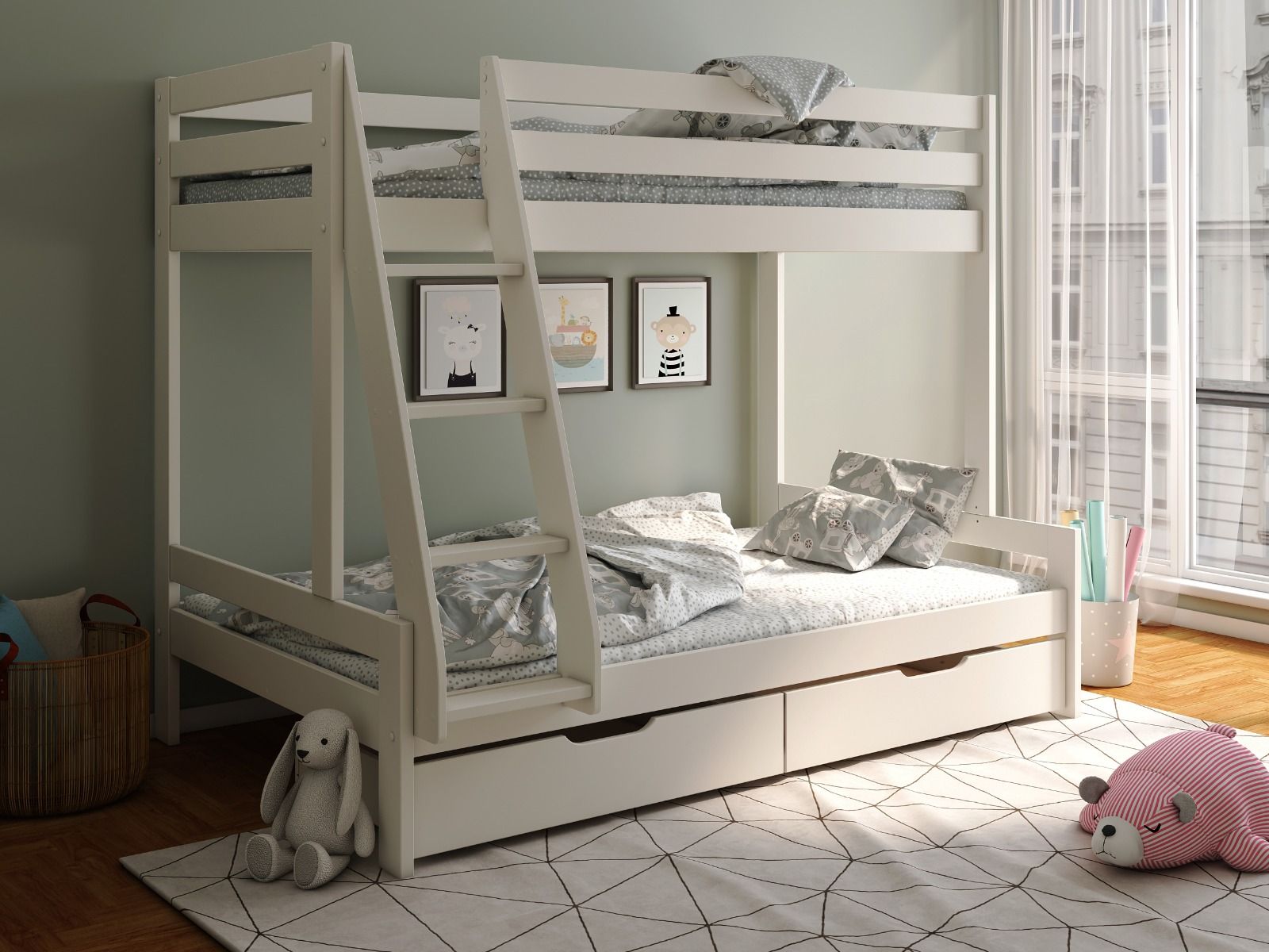 Noomi Nora Solid Wood White Triple Bunk Bed with Storage