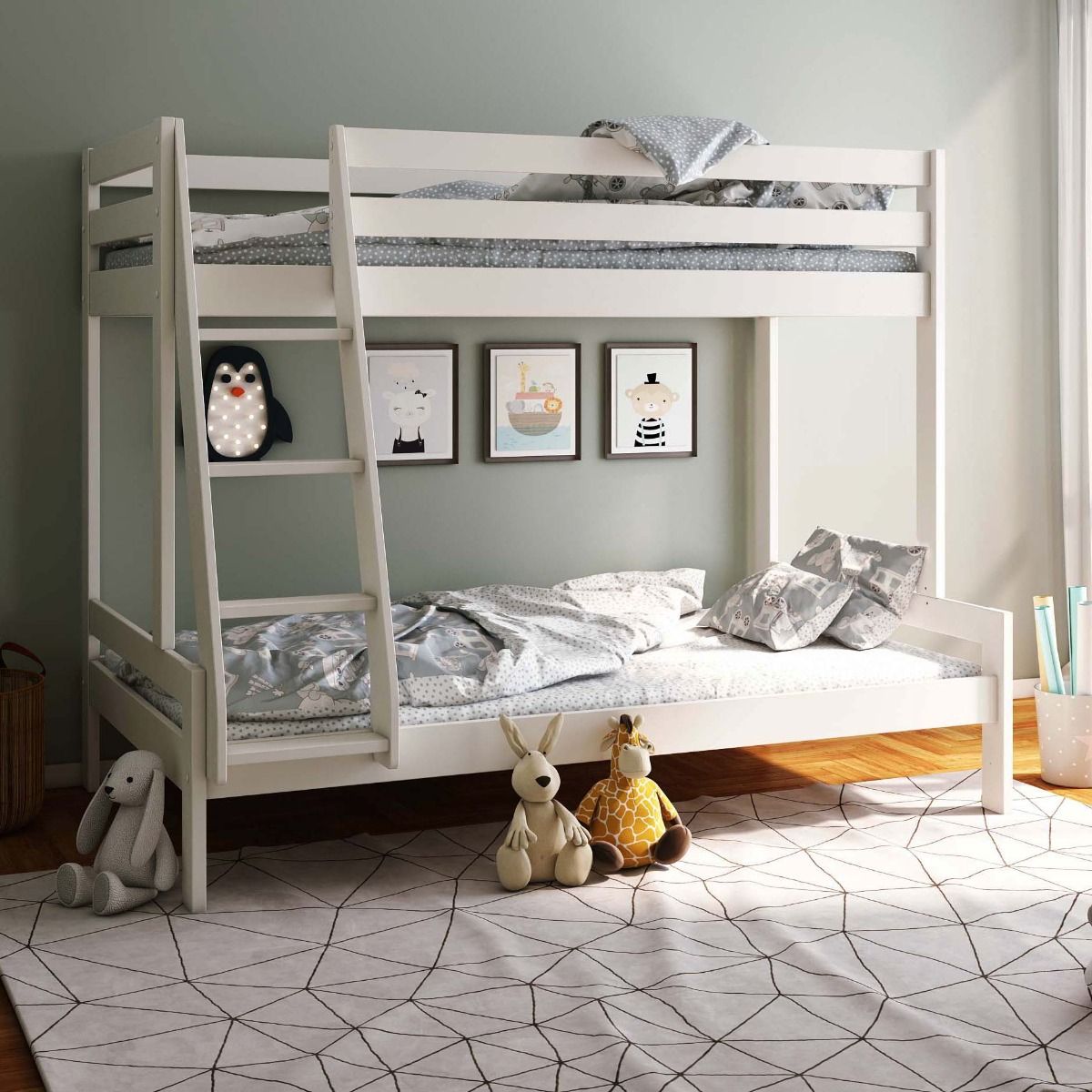 Noomi Nora Solid Wood White Triple Bunk Bed with Storage