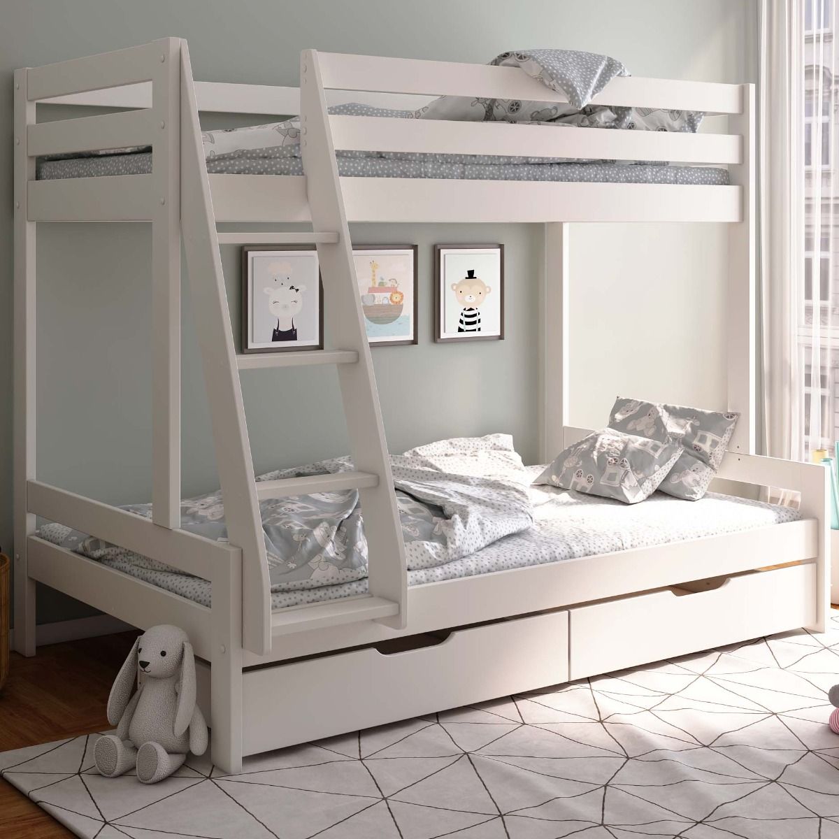 Noomi Nora Solid Wood White Triple Bunk Bed with Storage