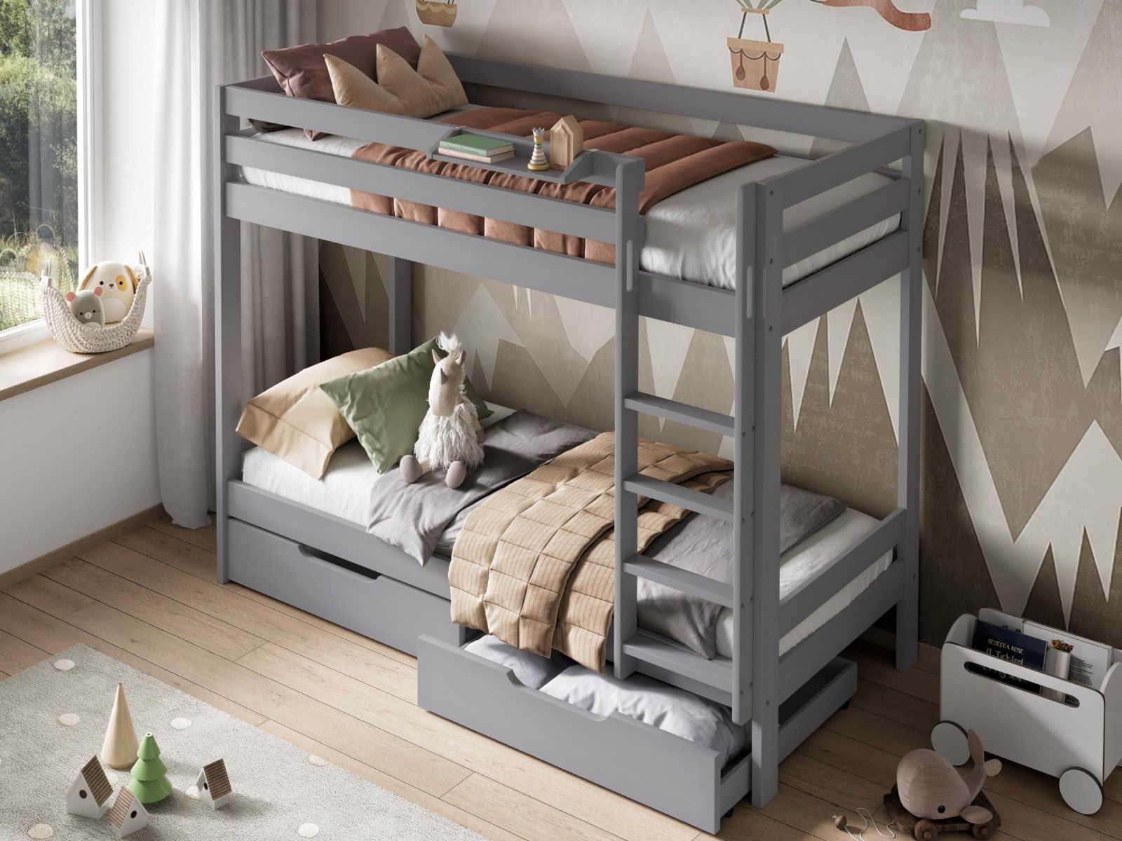 Noomi Nora Solid Wood Grey Bunk Bed with Storage