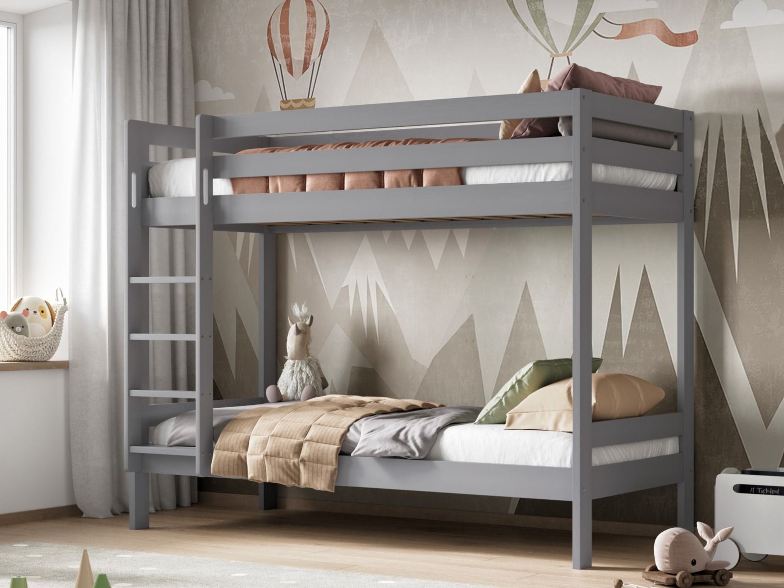 Noomi Nora Solid Wood Grey Bunk Bed with Storage