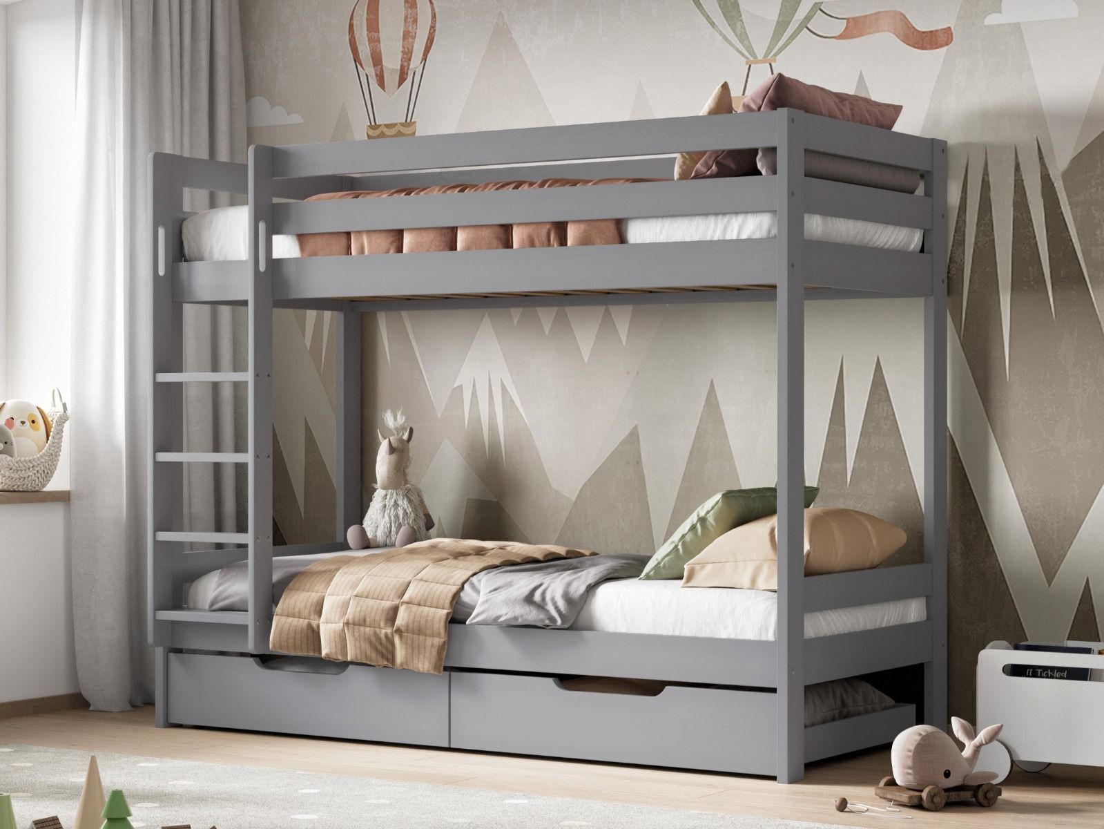 Noomi Nora Solid Wood Grey Bunk Bed with Storage