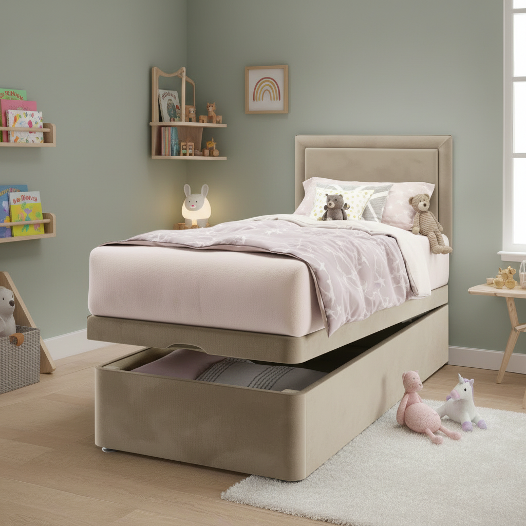 Plain Border Ottoman Bed - Uniform Pebble Velvet Kids Room
