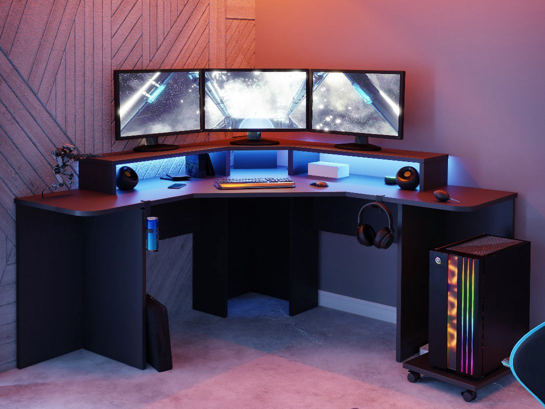 Recoil Quartz LED Black Corner Computer Gaming Desk