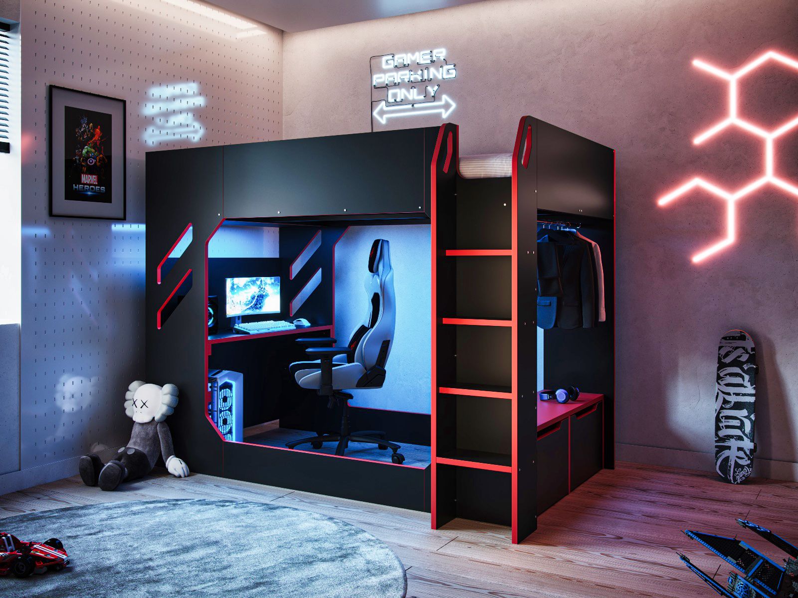 Recoil Shuttle LED Gaming Black High Sleeper Small Double Bed