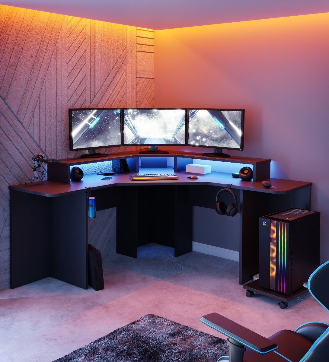 Recoil Quartz LED Black Corner Computer Gaming Desk