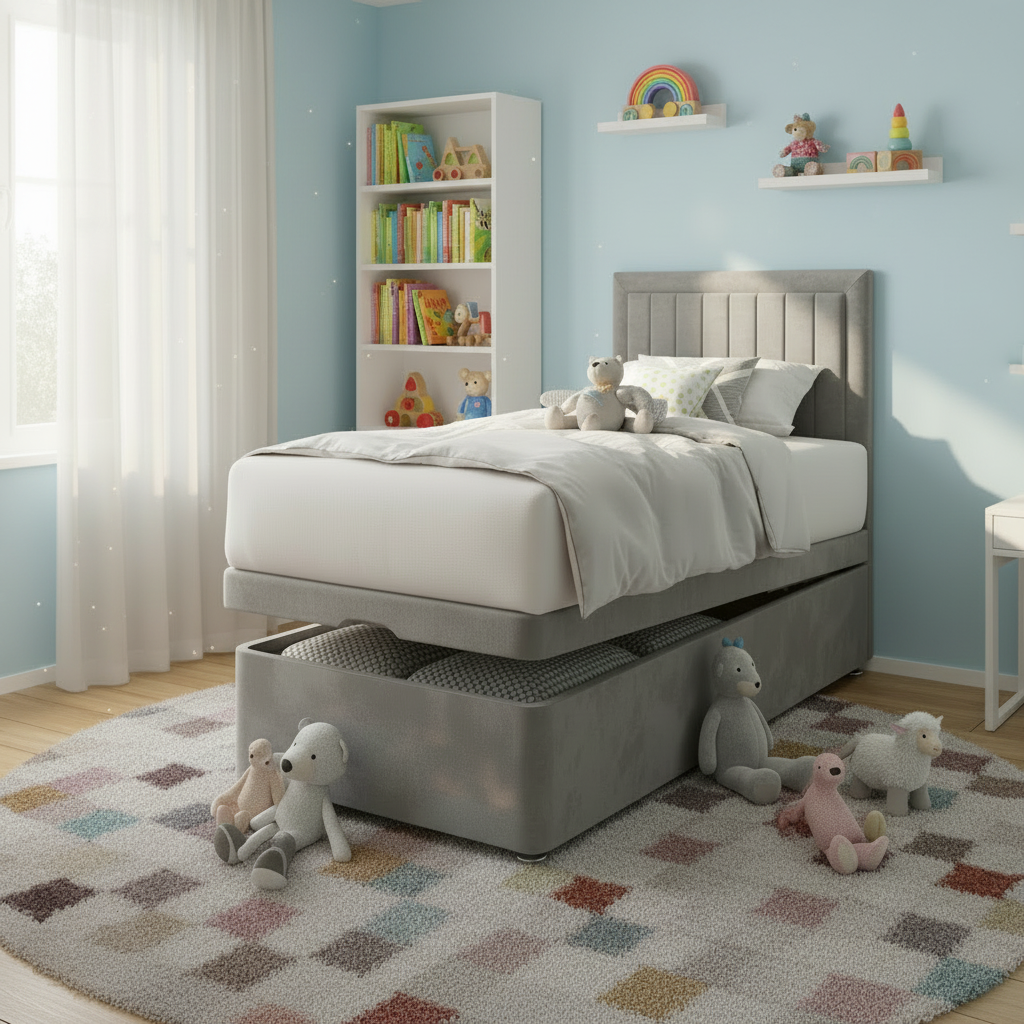 Vertical Panels Border Ottoman Bed - Grey Velvet Kids Bedroom Square
