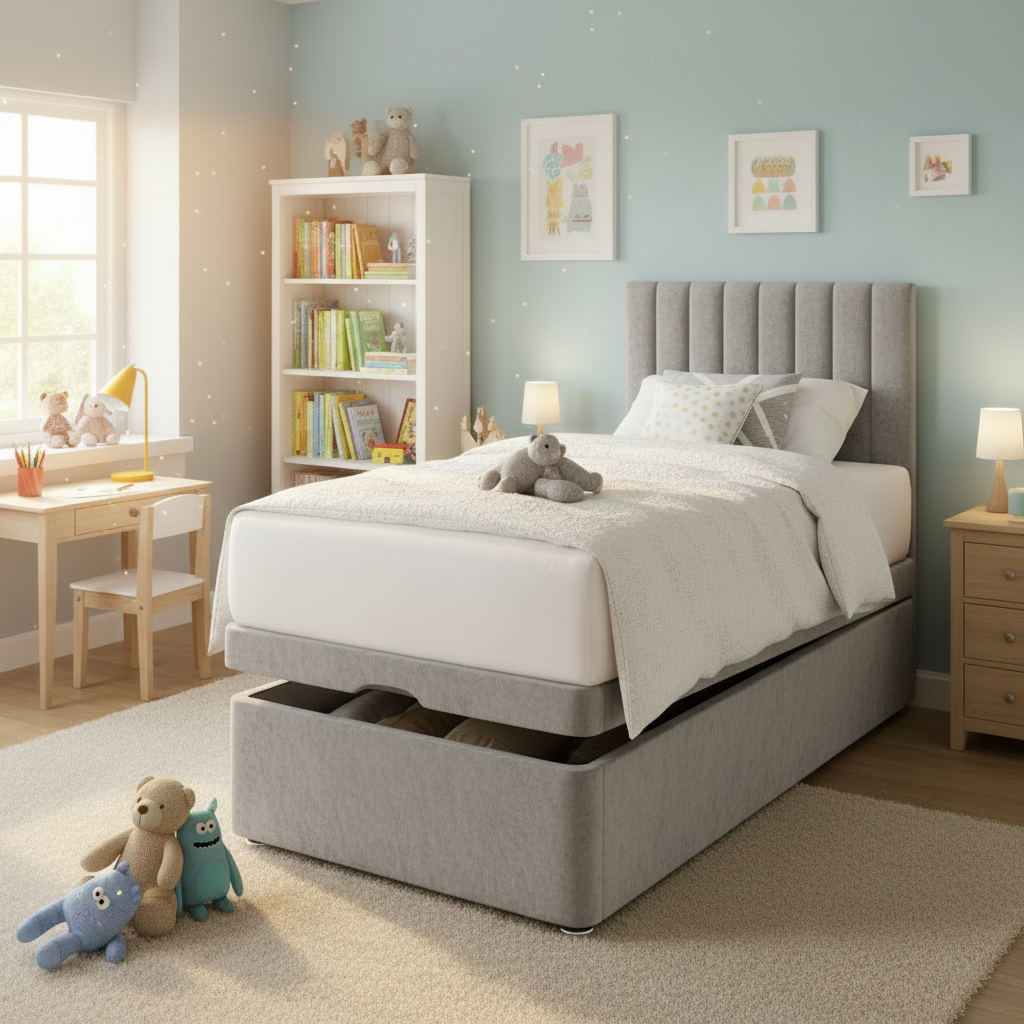 Vertical Panels Ottoman Bed - Uniform Grey Velvet Kids Bedroom