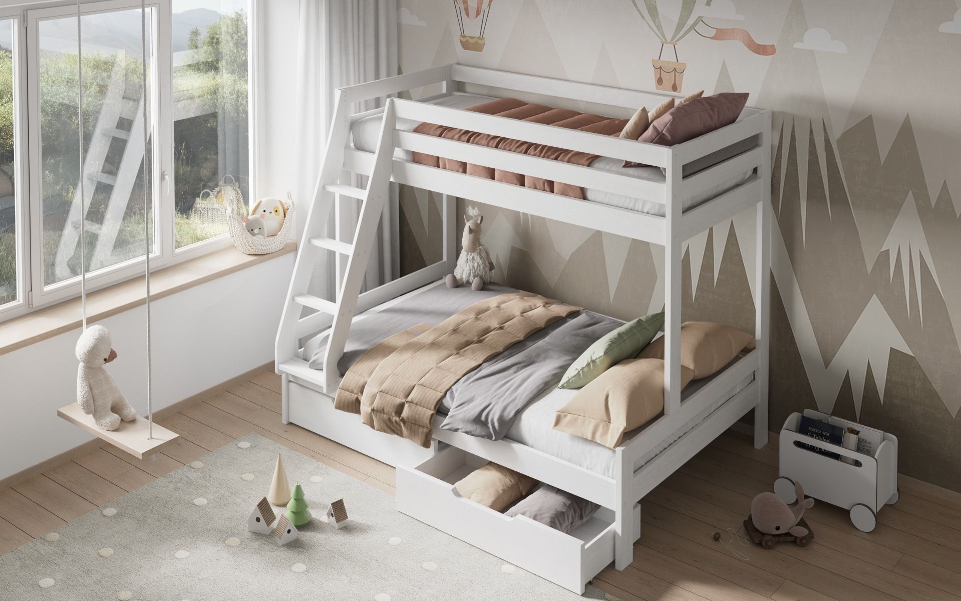 Noomi Nora Solid Wood White Triple Bunk Bed with Storage