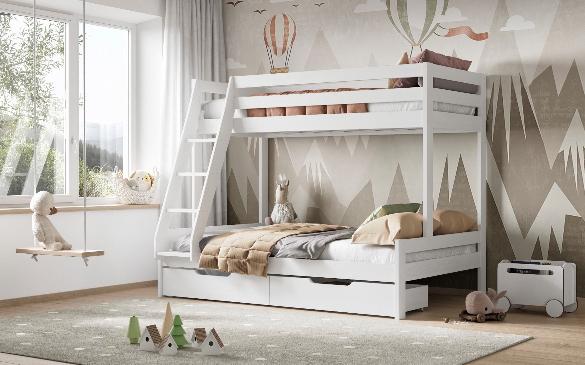 Noomi Nora Solid Wood White Triple Bunk Bed with Storage