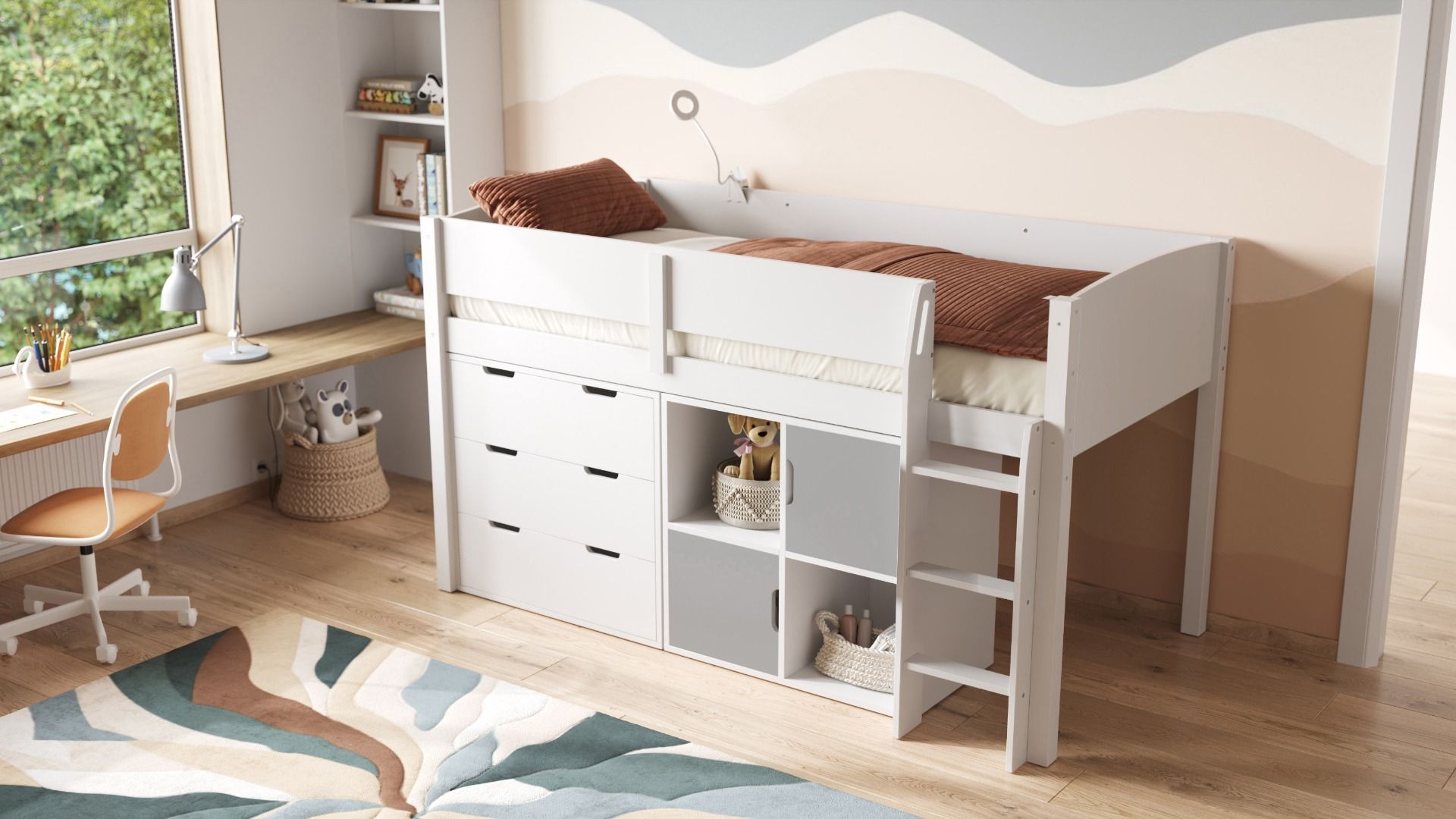 Loop Wooden Midsleeper White Cabin Bed Storage Set with Doors