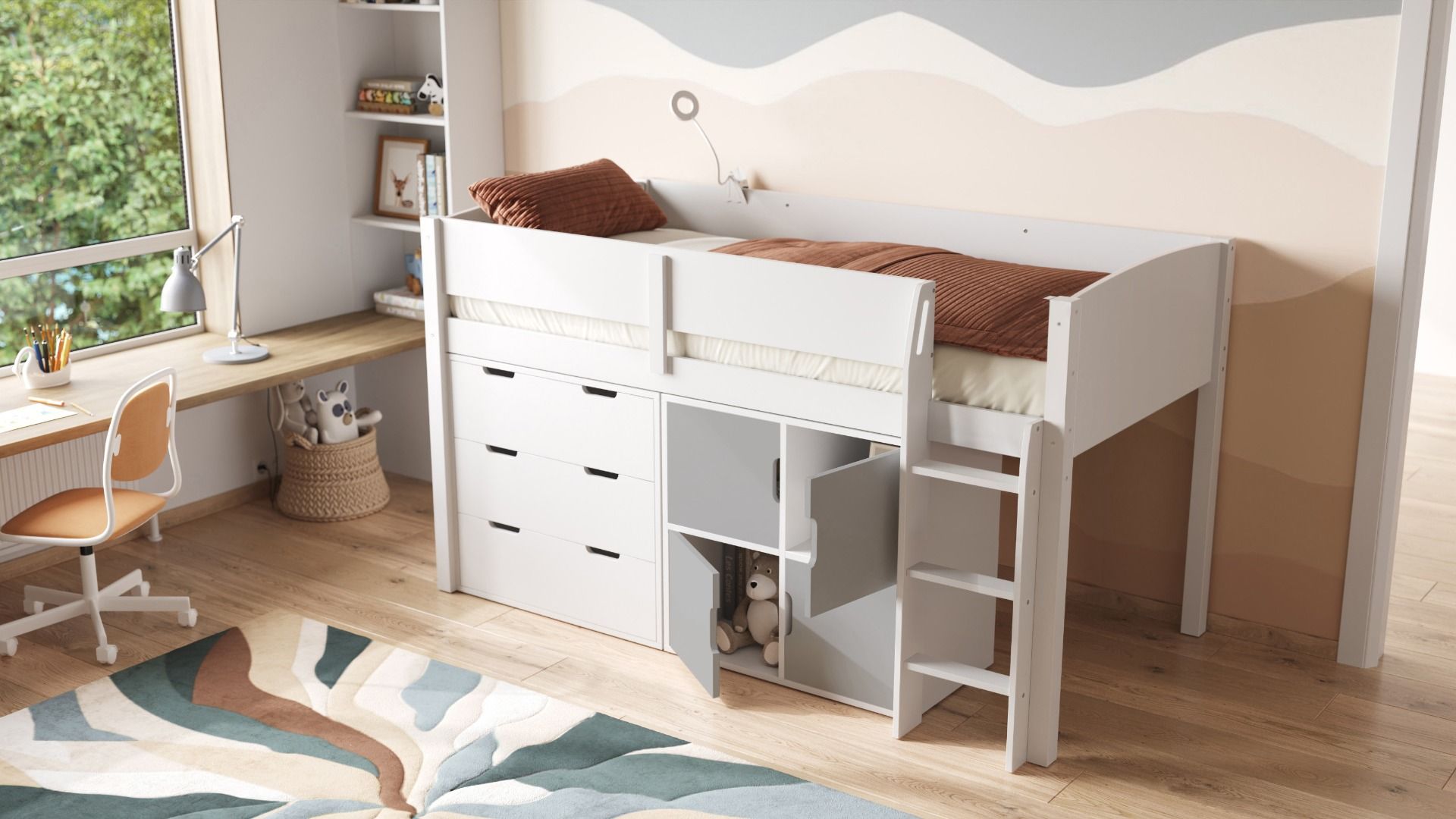 Loop Wooden Midsleeper White Cabin Bed Storage Set with Doors