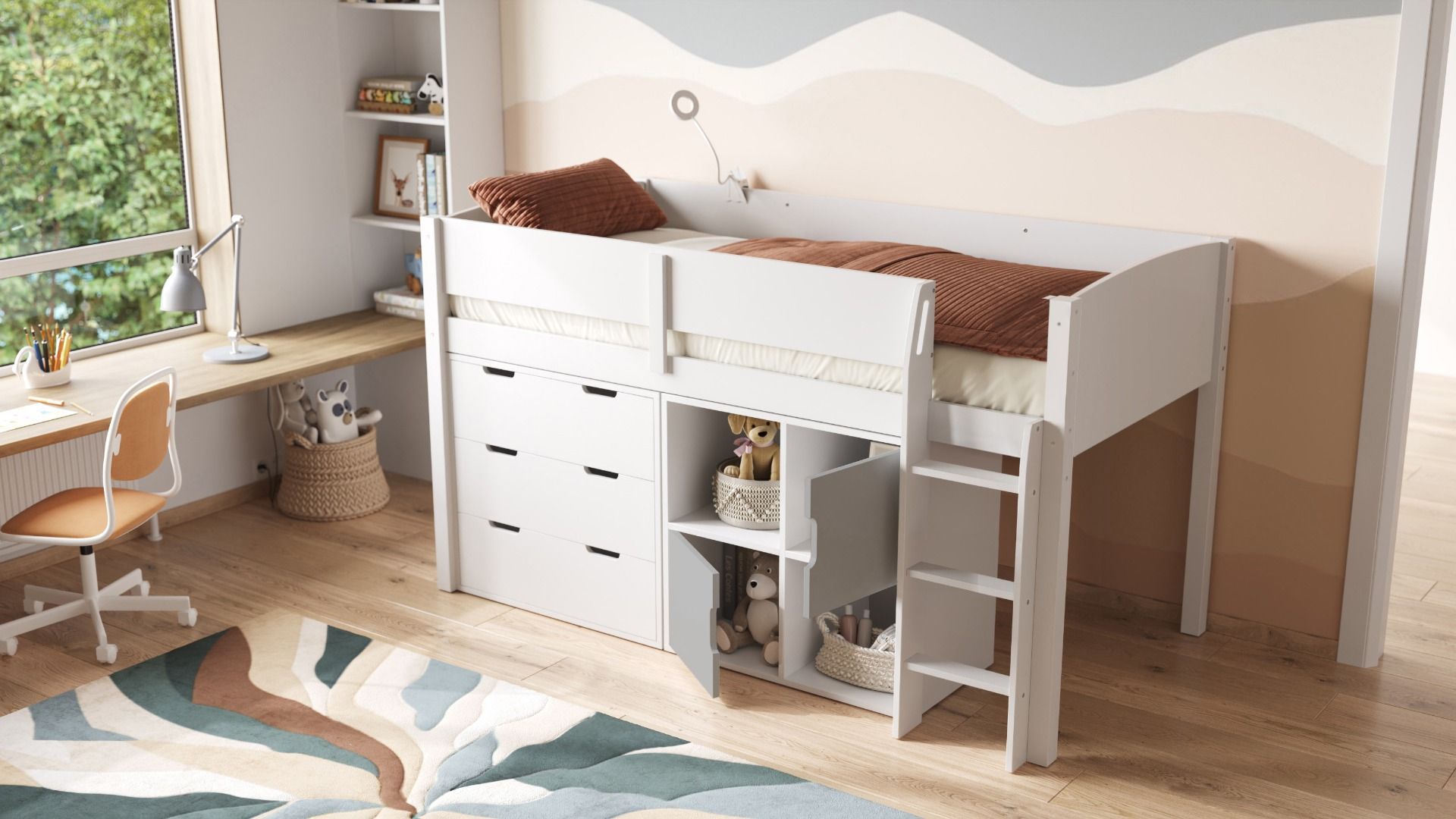 Loop Wooden Midsleeper White Cabin Bed Storage Set with Doors