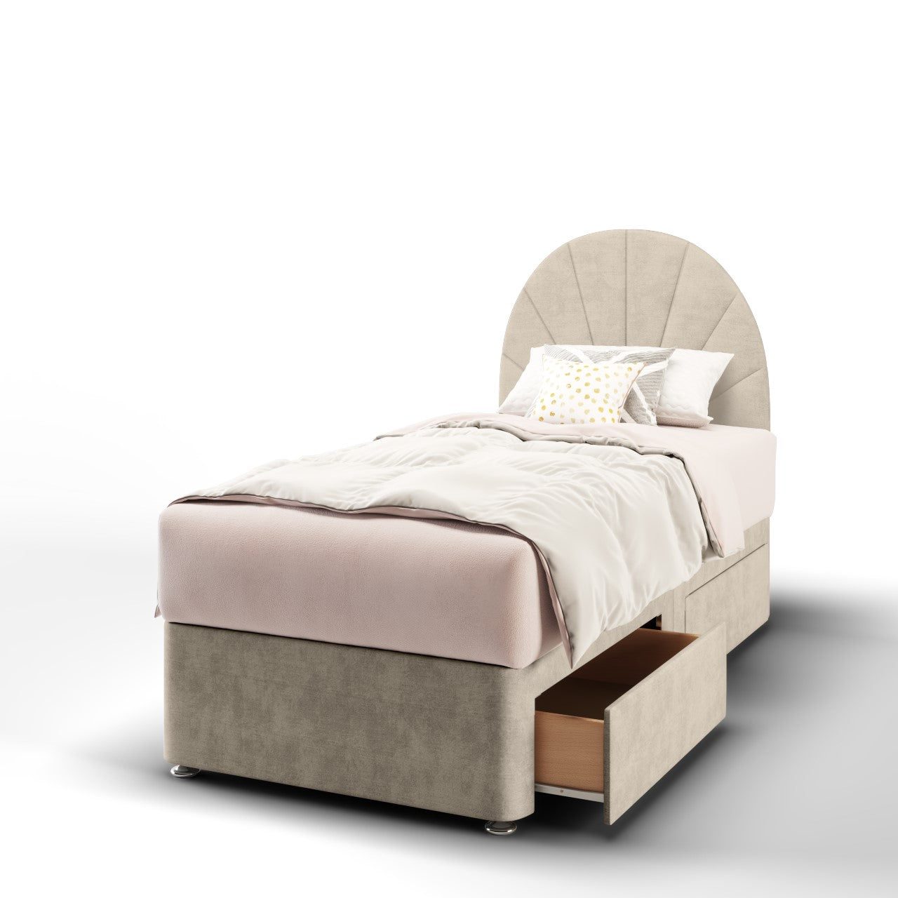 Half Moon with Vertical Lines Fabric Low Headboard with Divan Bed Base & Mattress