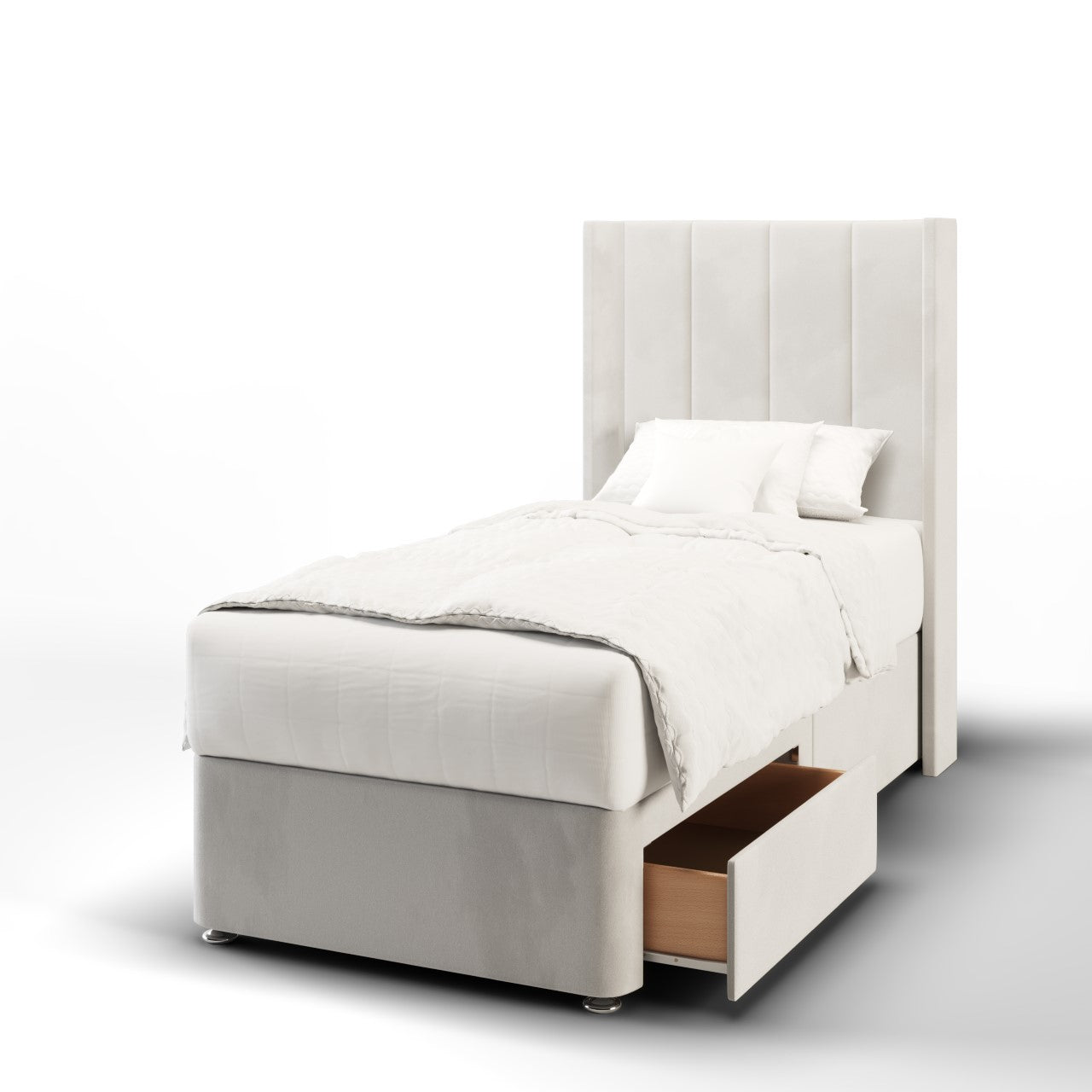 4 Panel Fabric Straight Wing Headboard with Divan Bed Base & Mattress