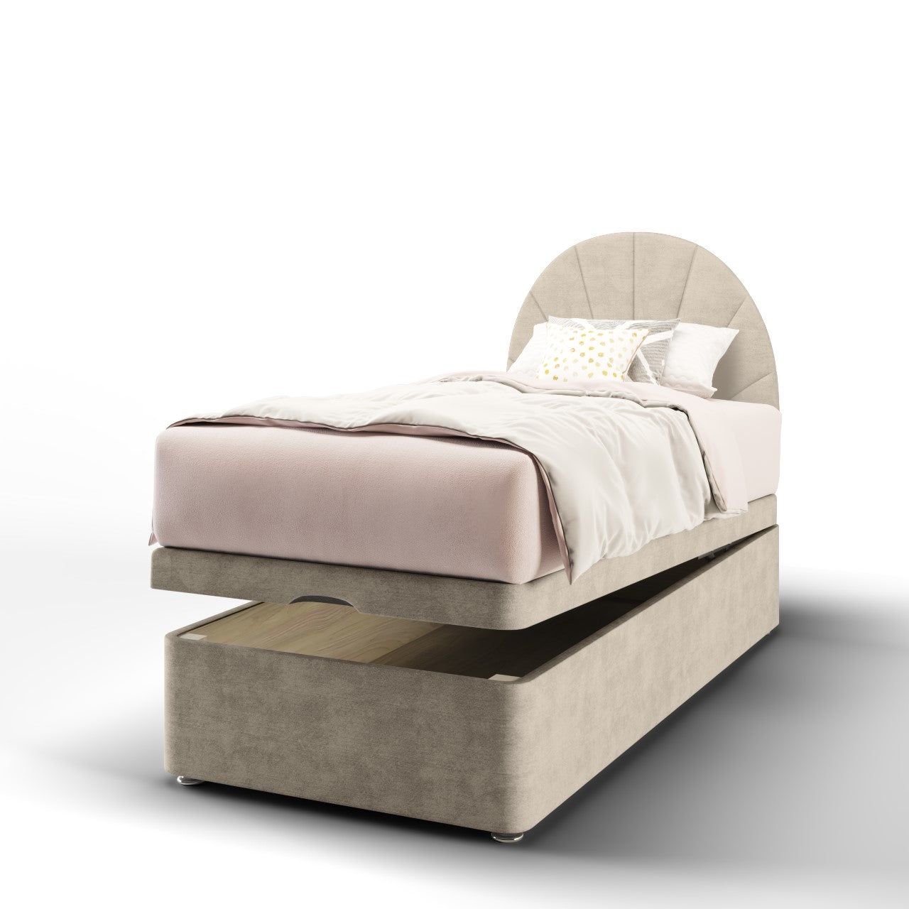 Half Moon with Vertical Lines Fabric Low Headboard with Ottoman Storage Bed Base & Mattress