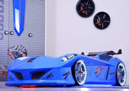 Infinite Zoom Blue 3FT Single Race Car Bed with LED Lights, Sounds & Bluetooth