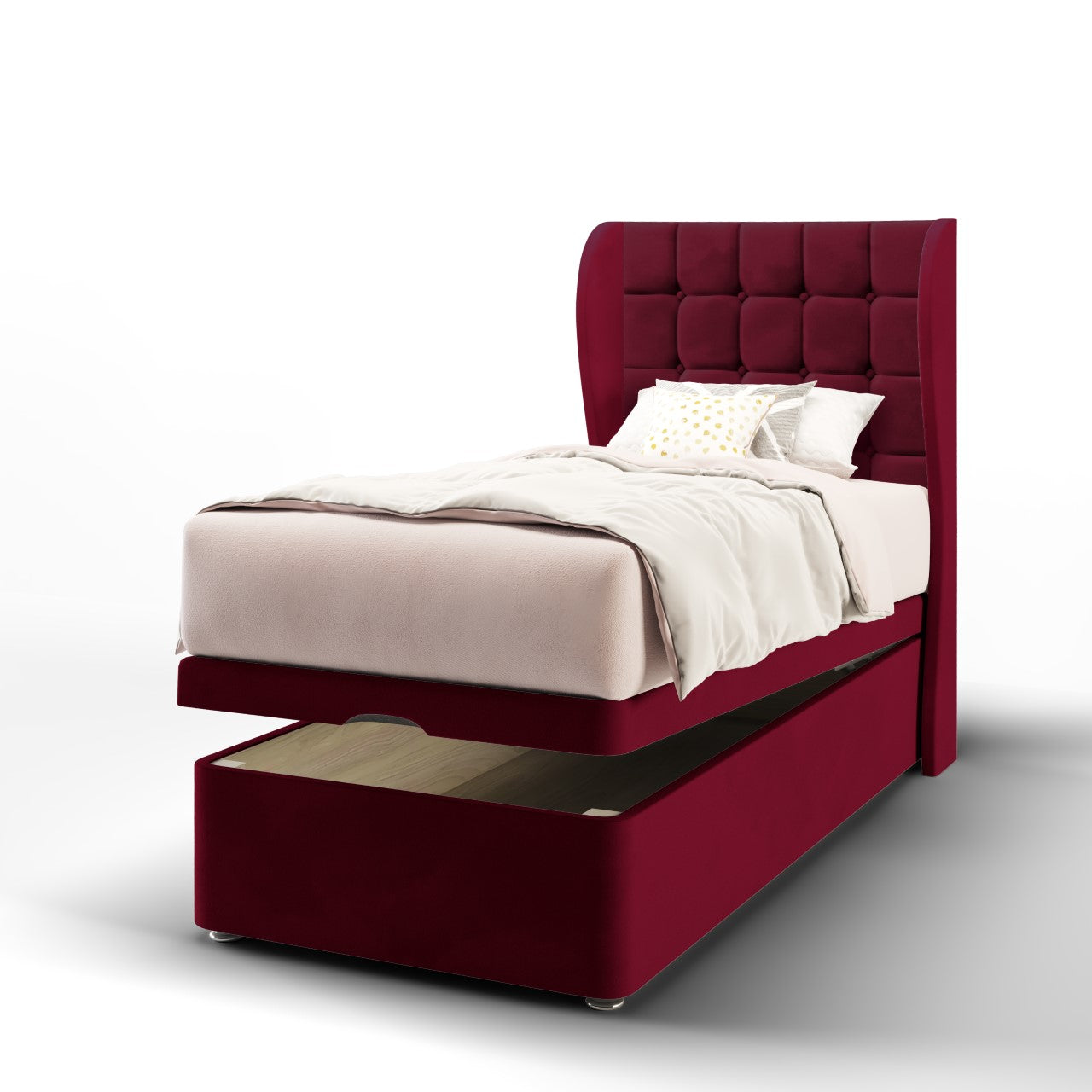 Large Cubic Fabric Middle Curve Wing Headboard with Ottoman Storage Bed Base & Mattress