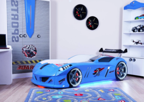 Infinite Zoom Blue 3FT Single Race Car Bed with LED Lights, Sounds & Bluetooth