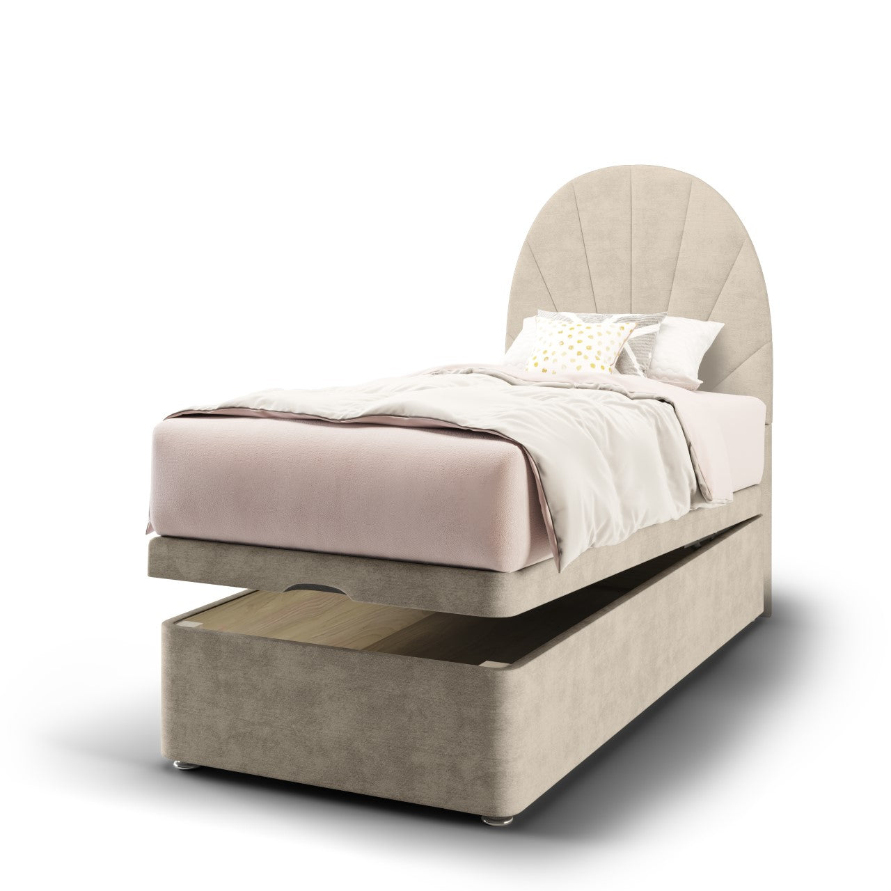 Half Moon with Vertical Lines Fabric Tall Headboard with Ottoman Storage Bed Base & Mattress