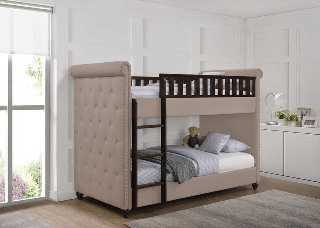 New Louis Beige Linen Fabric Chesterfield Bunk Bed