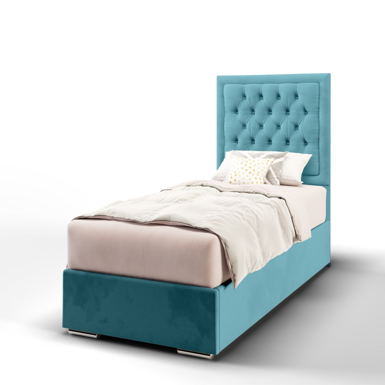 Chesterfield Border Fabric Tall Headboard with Frame Bed Base & Mattress