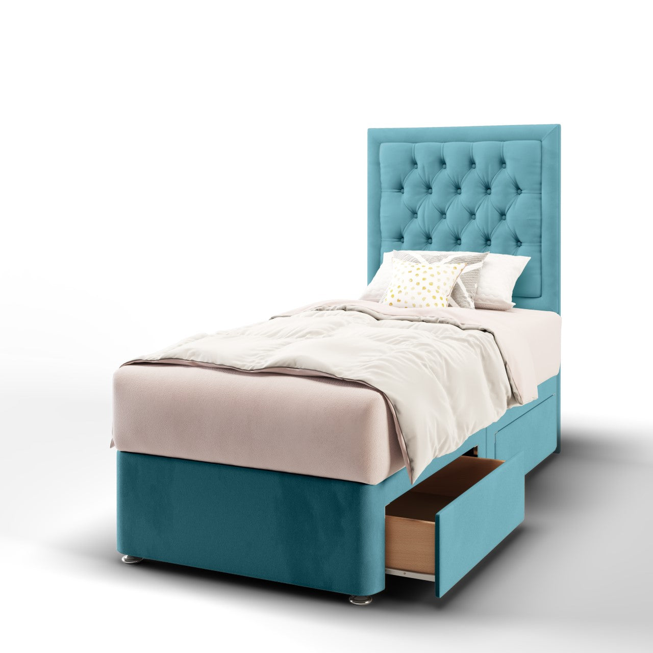 Chesterfield Border Fabric Tall Headboard with Divan Bed Base & Mattress