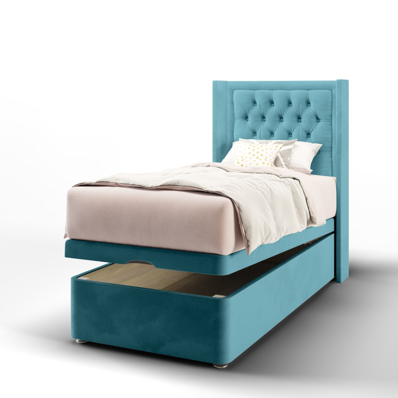 Chesterfield Border Fabric Straight Wing Headboard with Ottoman Storage Bed Base & Mattress