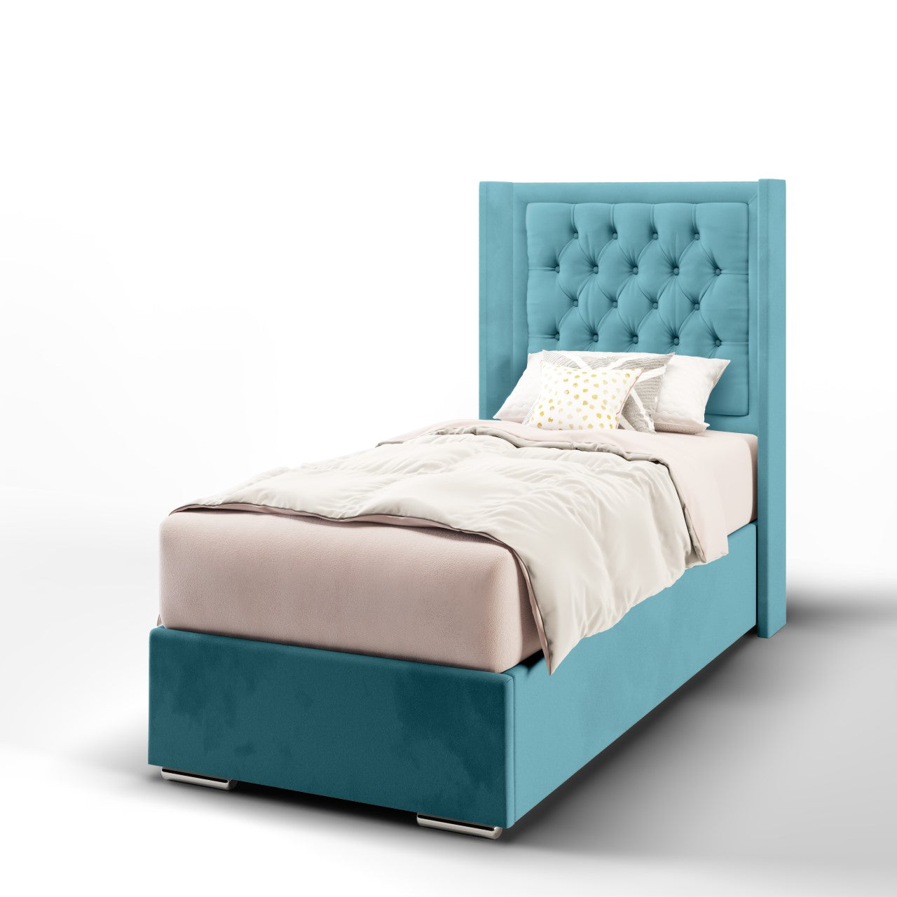 Chesterfield Border Fabric Straight Wing Headboard with Frame Bed Base & Mattress