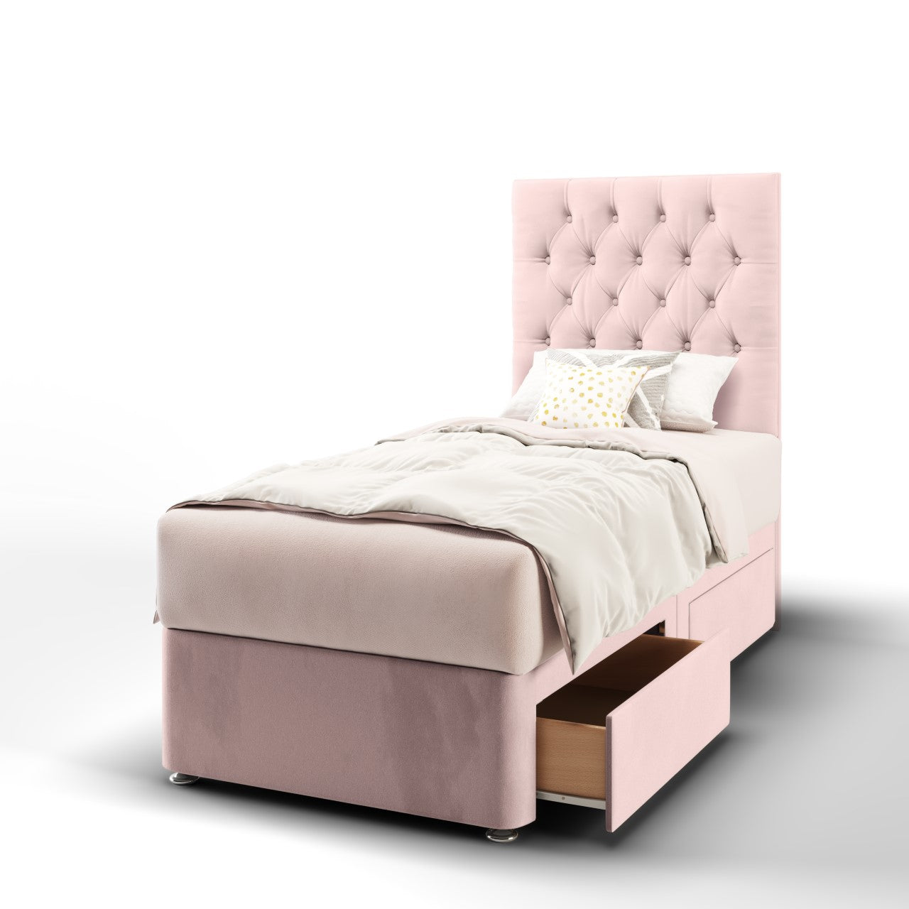 Chesterfield Fabric Tall Headboard with Divan Bed Base & Mattress