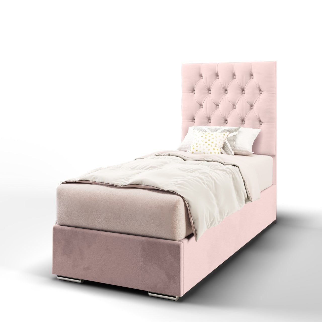 Chesterfield Fabric Tall Headboard with Frame Bed Base & Mattress