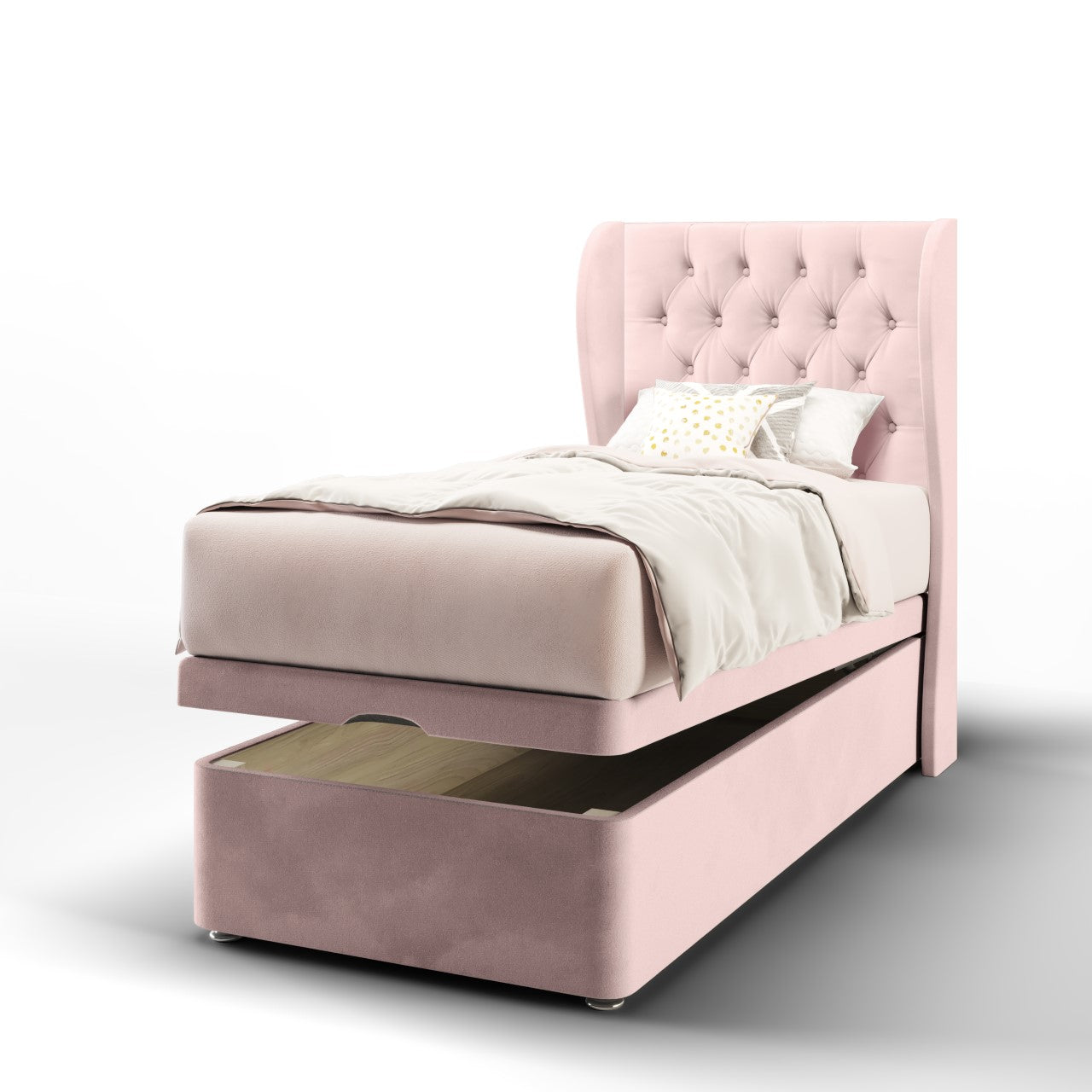 Chesterfield Fabric Middle Curve Wing Headboard with Ottoman Storage Bed Base & Mattress