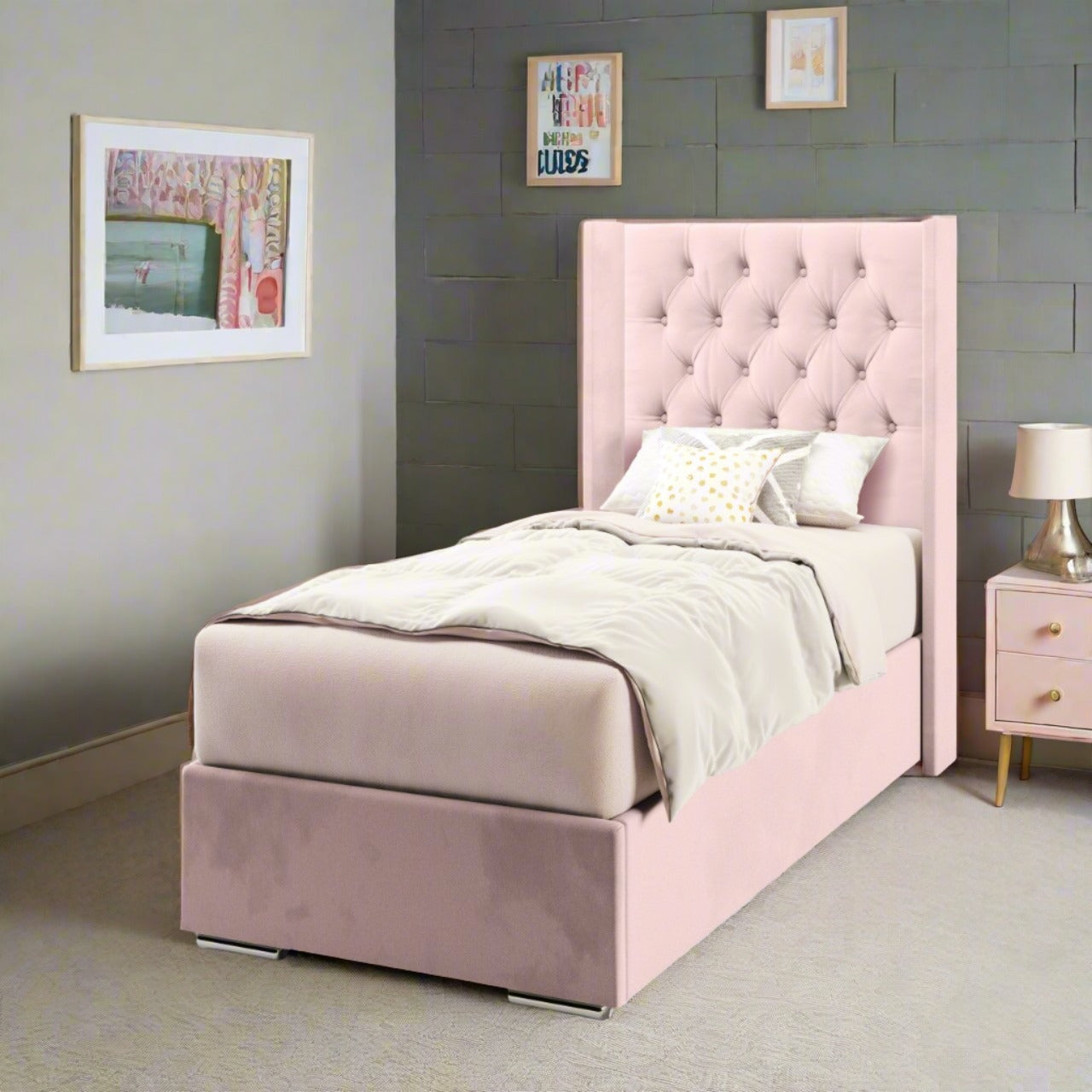 Chesterfield Fabric Straight Wing Headboard with Frame Bed Base & Mattress