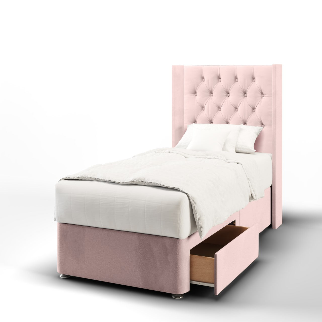 Chesterfield Fabric Straight Wing Headboard with Divan Bed Base & Mattress