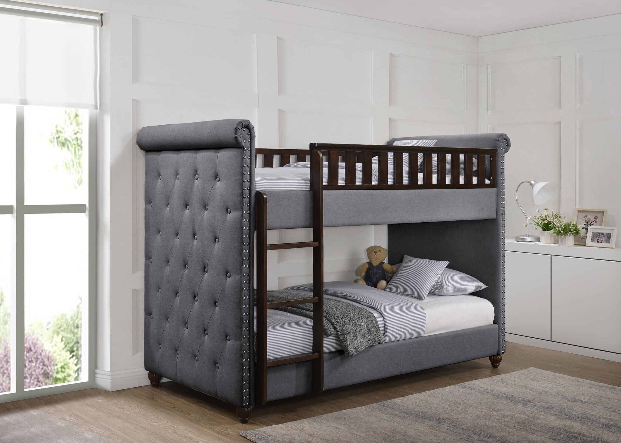 New Louis Dark Grey Linen Fabric Chesterfield Bunk Bed