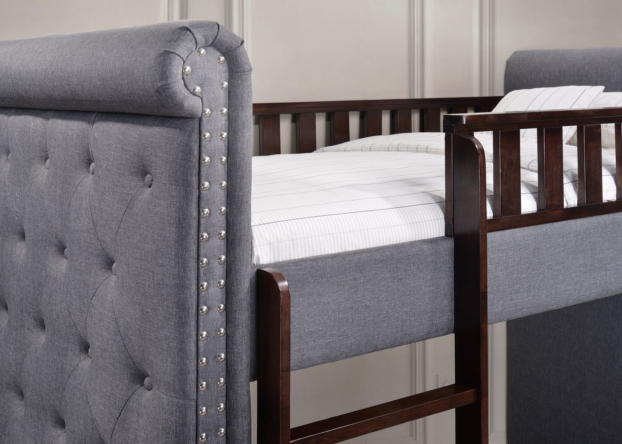 New Louis Dark Grey Linen Fabric Chesterfield Bunk Bed