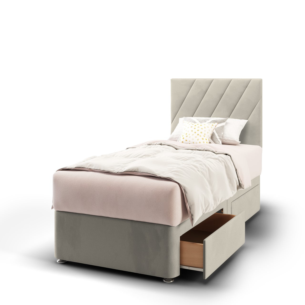 Diagonal Panels Fabric Low Headboard with Divan Bed Base & Mattress