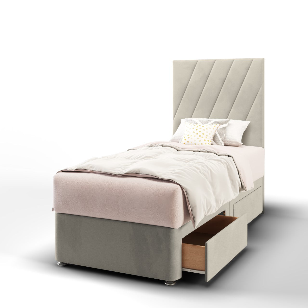 Diagonal Panels Fabric Tall Headboard with Divan Bed Base & Mattress