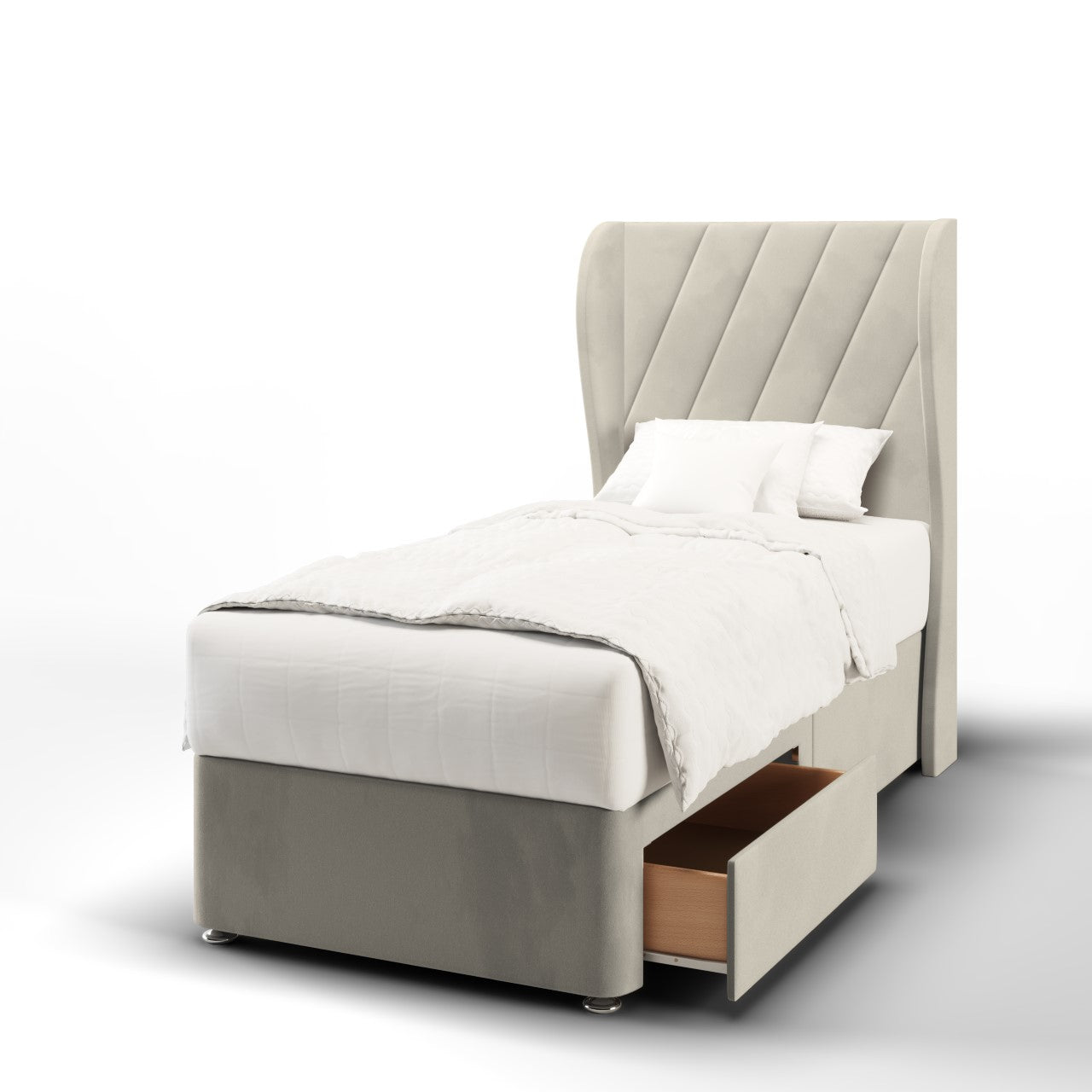 Diagonal Panels Fabric Middle Curve Wing Headboard with Divan Bed Base & Mattress