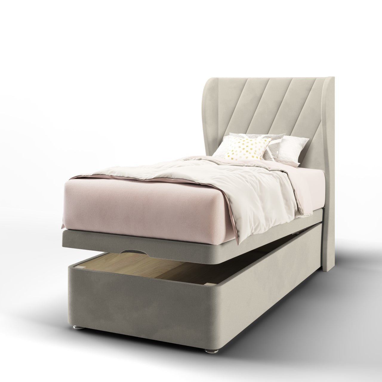 Diagonal Panels Fabric Middle Curve Wing Headboard with Ottoman Storage Bed Base & Mattress