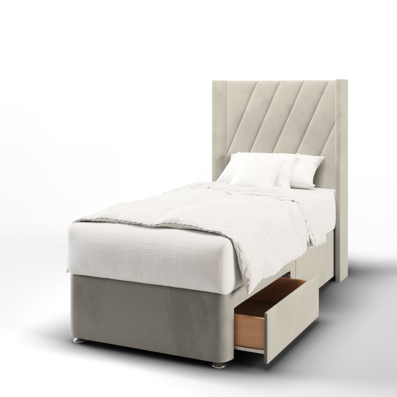 Diagonal Panels Fabric Straight Wing Headboard with Divan Bed Base & Mattress