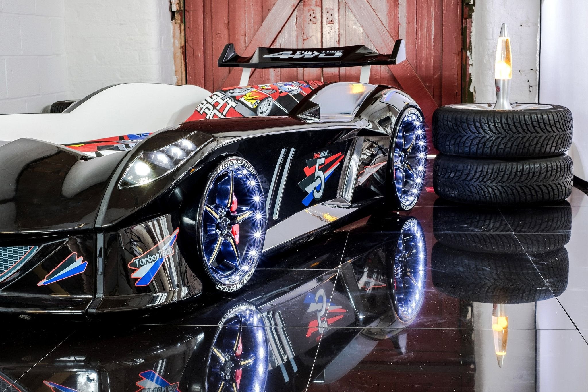 Infinite Zoom Black 3FT Single Race Car Bed with LED Lights, Sounds & Bluetooth