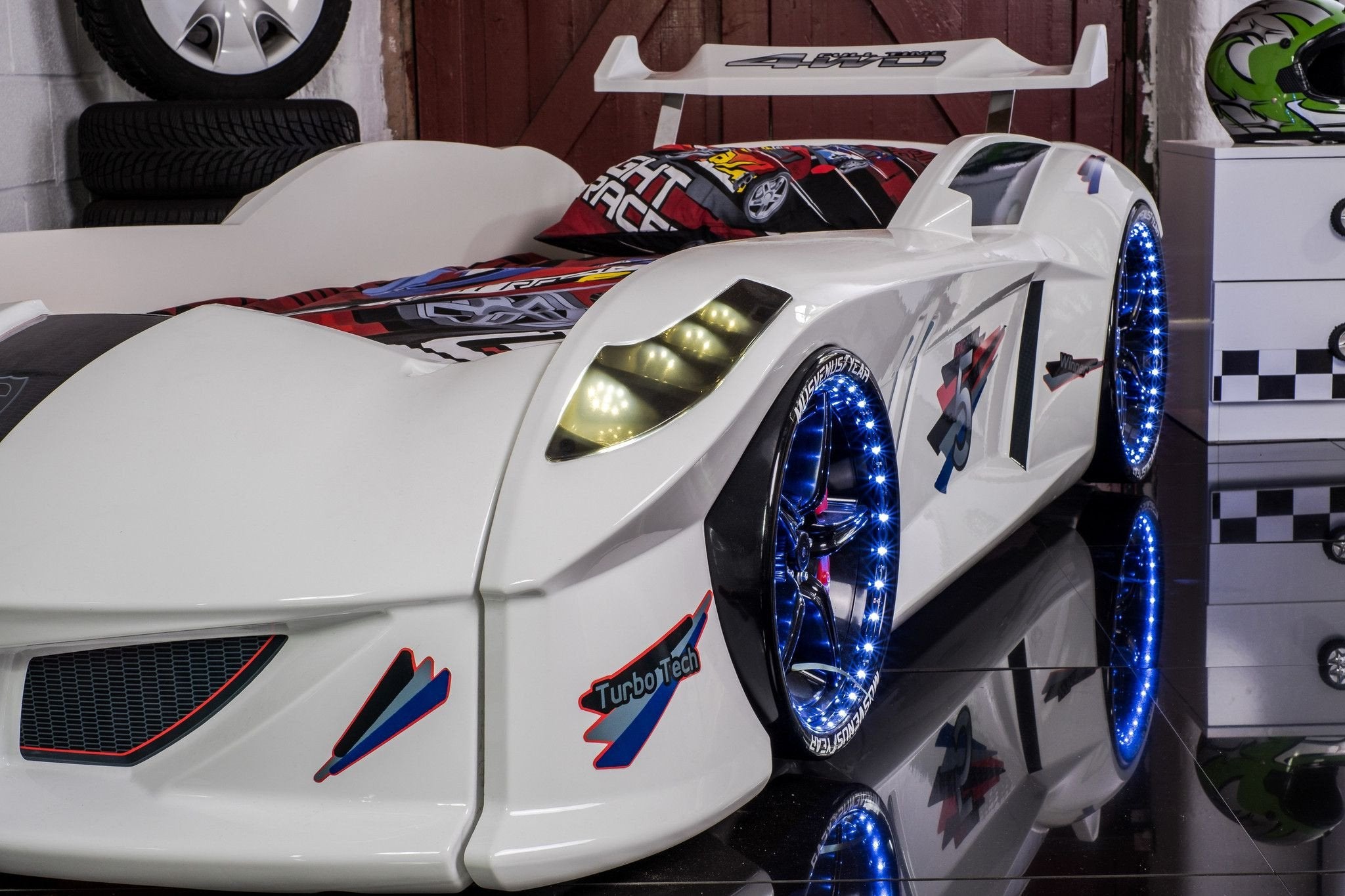 Infinite Zoom White 3FT Single Race Car Bed with LED Lights, Sounds & Bluetooth