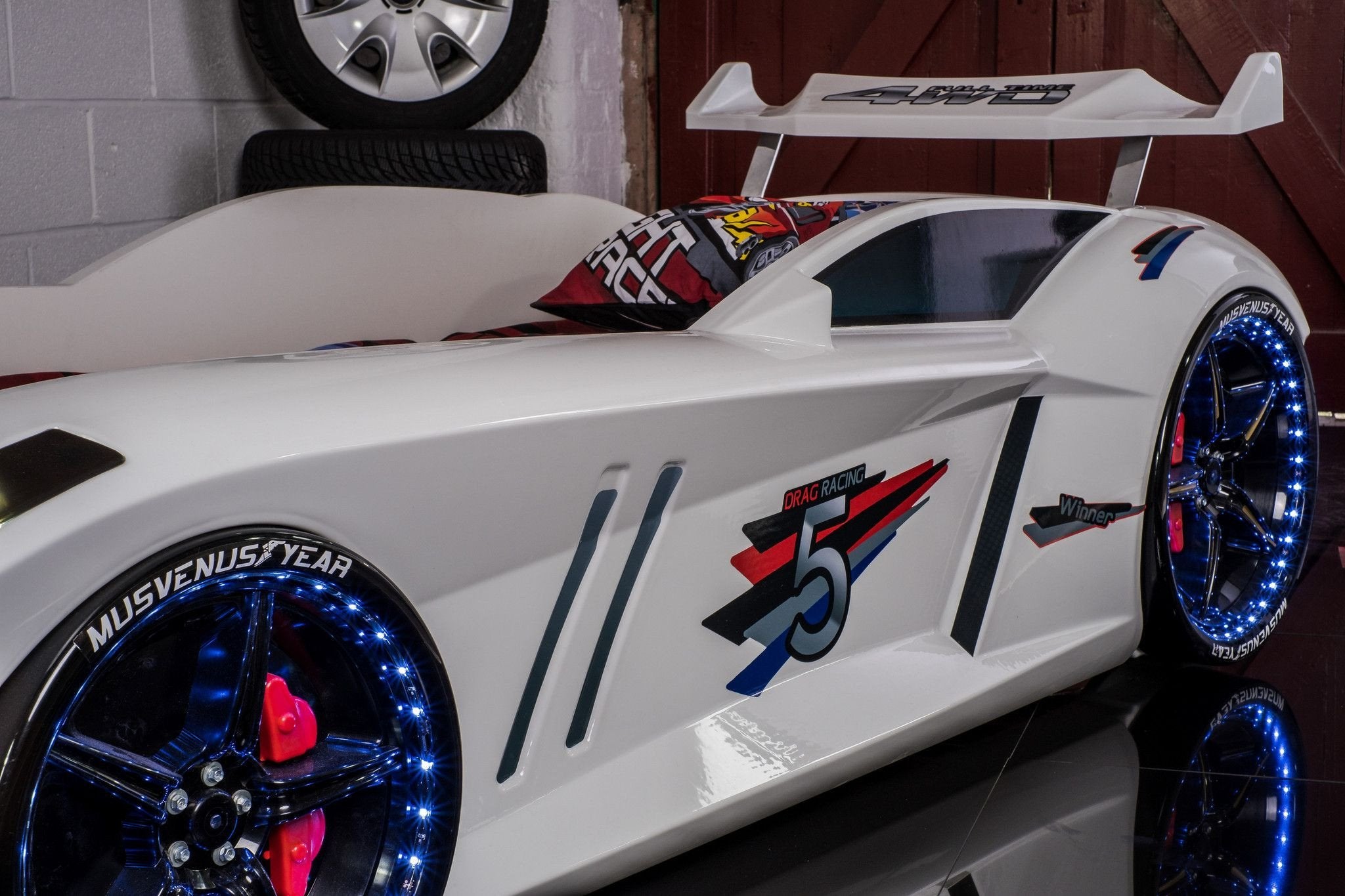 Infinite Zoom White 3FT Single Race Car Bed with LED Lights, Sounds & Bluetooth