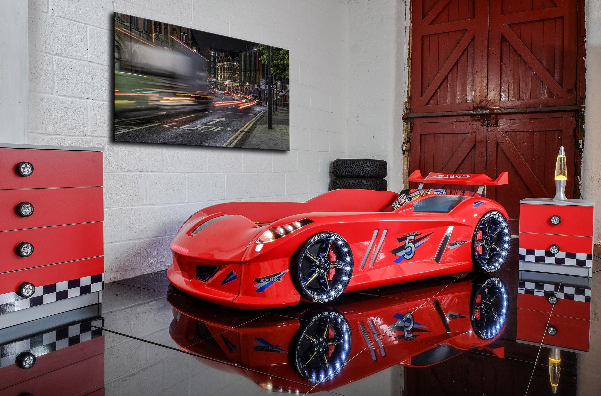 Infinite Zoom Red 3FT Single Race Car Bed with LED Lights, Sounds & Bluetooth